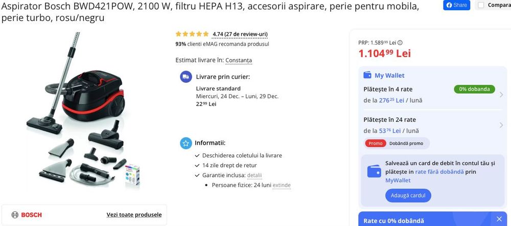 Aspirator Bosch AquaWash & Clean Serie 4, 2100W NOU, în cutie!