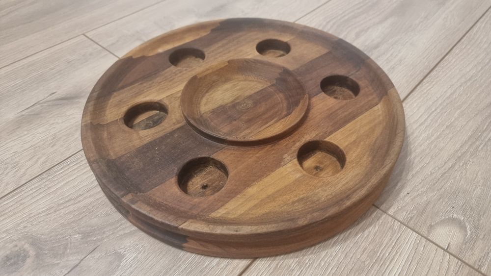 Комплект от дървен поднос и 6 бр. кристални чаши за ракия