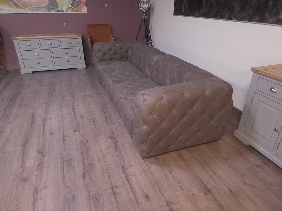 Дизайнерски кафяв кожен диван четворка Честърфийлд