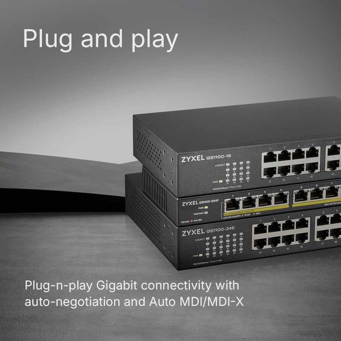 Switch Zyxel Gigabit Ethernet 16 porturi GS1100-16 cutie deschisă nouă montare în rack Plug and Play fanless