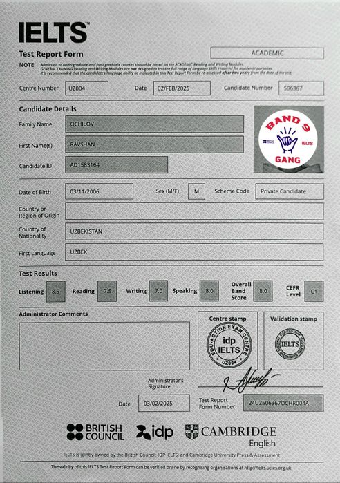 IELTS 8.0/CEFR C1 natijali, tajribali repetitor! Ingliz tili kurs