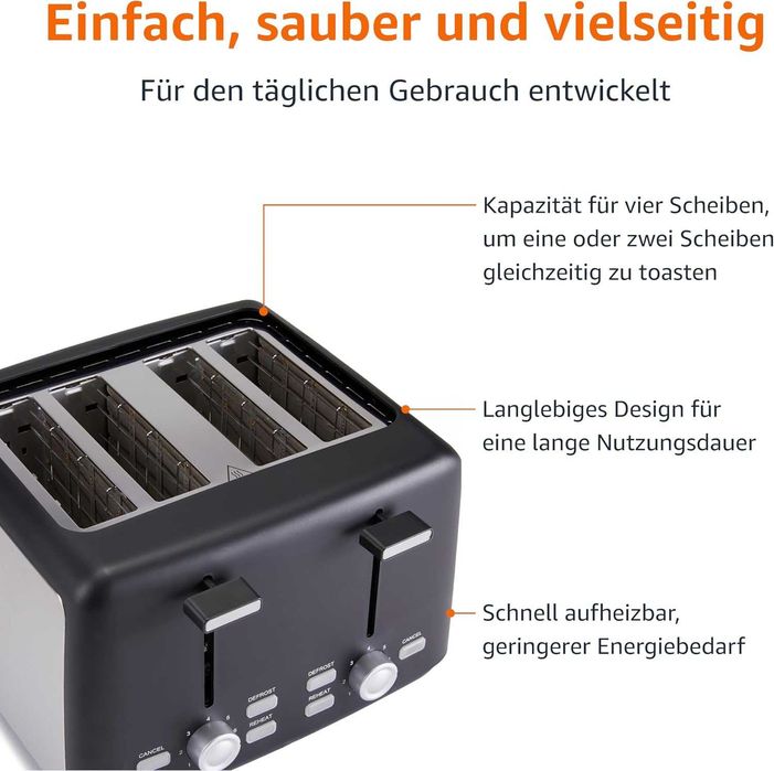 Тостер за 4 филии Amazon Basics със 7 нива на изпичане 1500 W