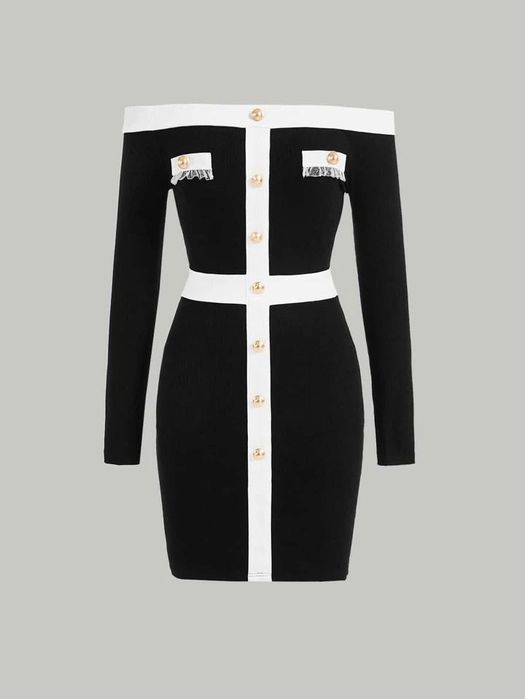 Rochie scurtă tricotată umerii goi cu nasturi aurii