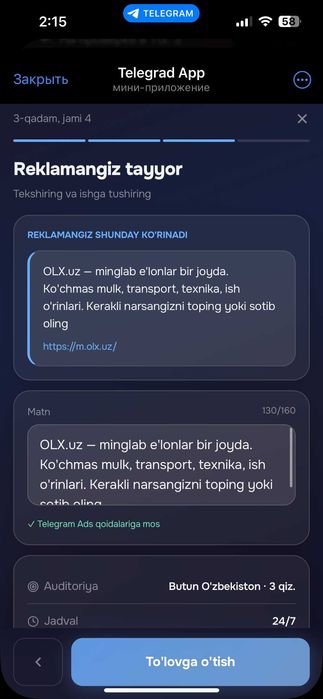Telegram'da reklama — 900 000 so'mdan, to'g'ridan-to'g'ri