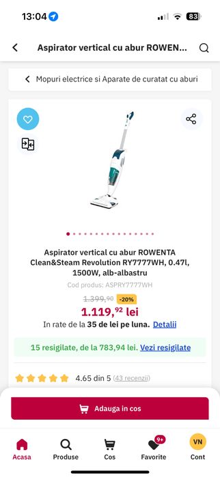 Aspirator vertical cu abur ROWENTA Clean&Steam Revolution RY7777WH