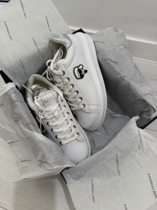 Karl Lagerfeld - Кожени спортни обувки с лого, Бял, Сребрист, 38