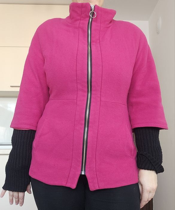 Малиново розово яке палто сако зимно сиво двоен Ръкав с подплата