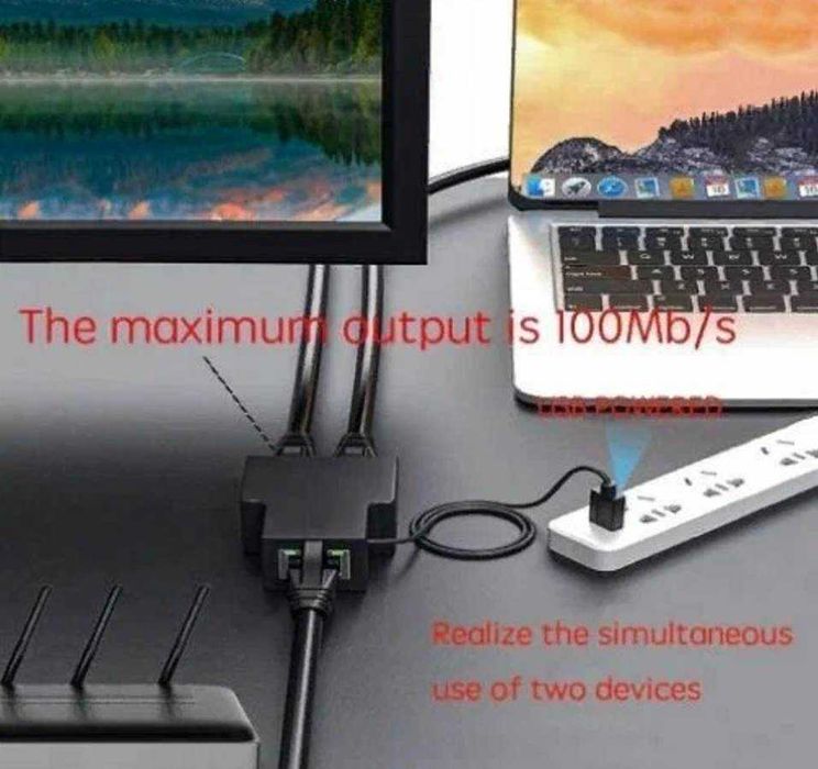 Сетевой развитвитель Lan RJ45  2in1 Hub сплитер 10/100 с питанием