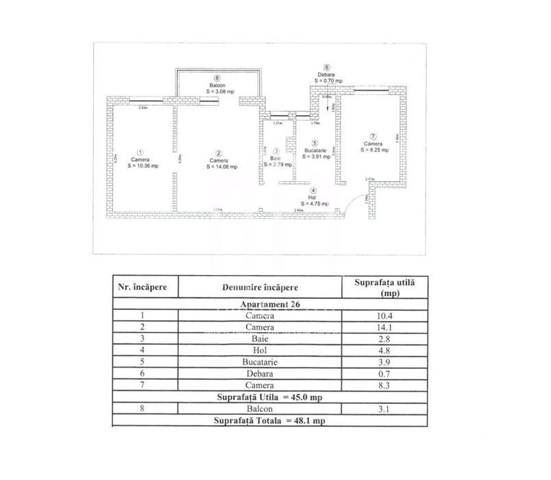 Apartament cu 3 camere, 45mp utili+balcon, etaj 1/4, Ciresica