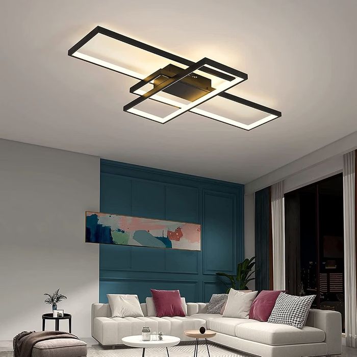 LED таванно осветление 110×65 см невисящо димируемо, черни правоъгълници от алуминий, дистанционно управление,, модерна  дизайнерска лампа плафон
