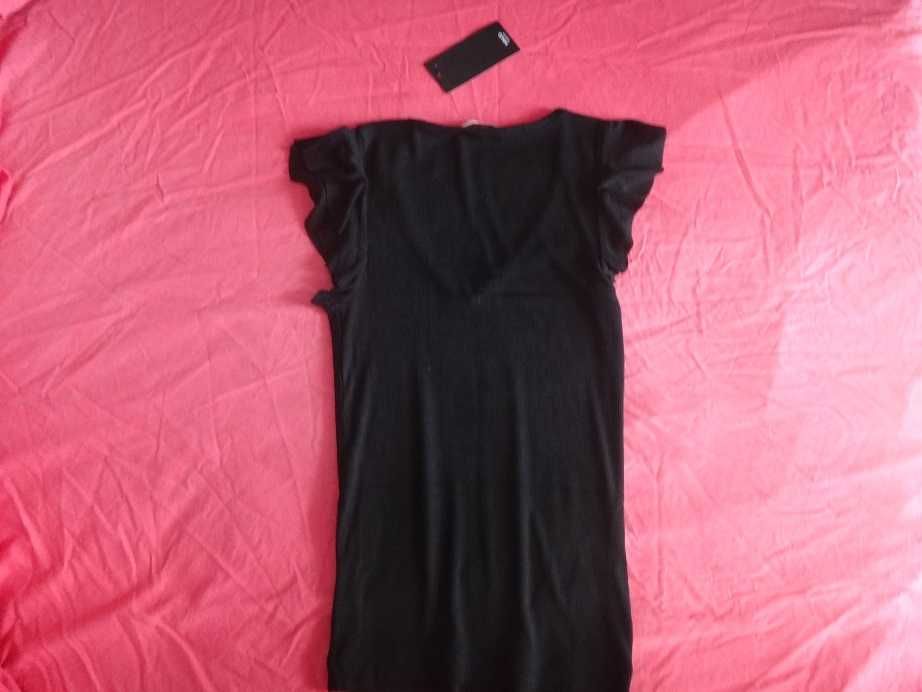 Mango нова черна рипсена блуза с къси набрани ръкави