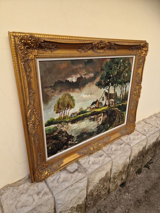 Страхотна антикварна белгийска авторска картина масло върху платно