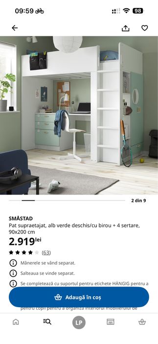 Pat supraetajat Smastad Ikea cu birou, dulap si sertare