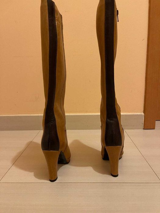 Cizme elegante, piele naturală, maro, lungi, cu toc înalt, mărimea 35