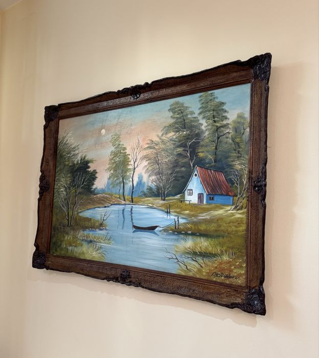 Tablou peisaj cu ramă sculptată din lemn masiv – 110 × 80 cm