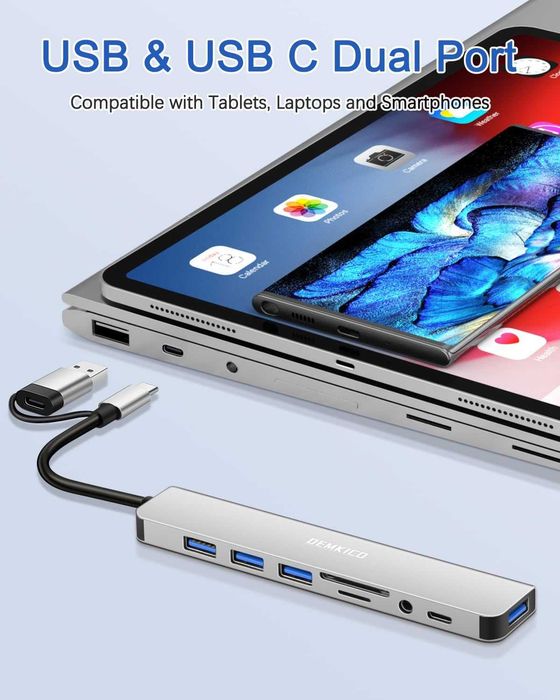 USB 3.0 Адаптер 7-в-1 DEMKICO – С вграден аудио жак и четец за карти