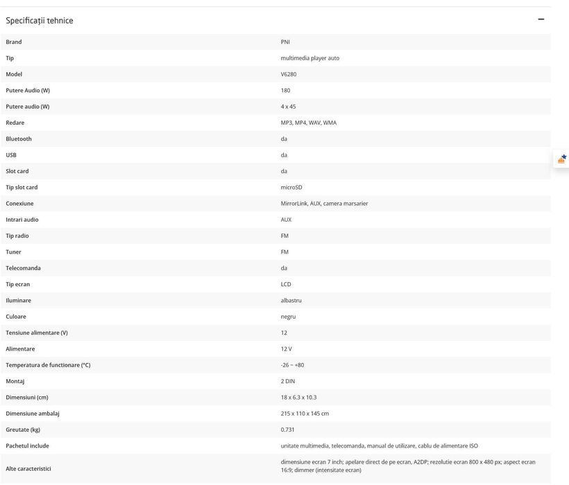 Multimedia player auto PNI V6280 cu touchscreen, functie Bluetooth