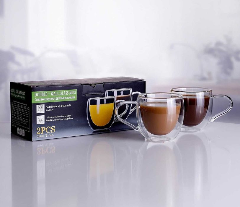 CNGLASS Голяма стъклена чаша за кафе с двойни стени 2 броя