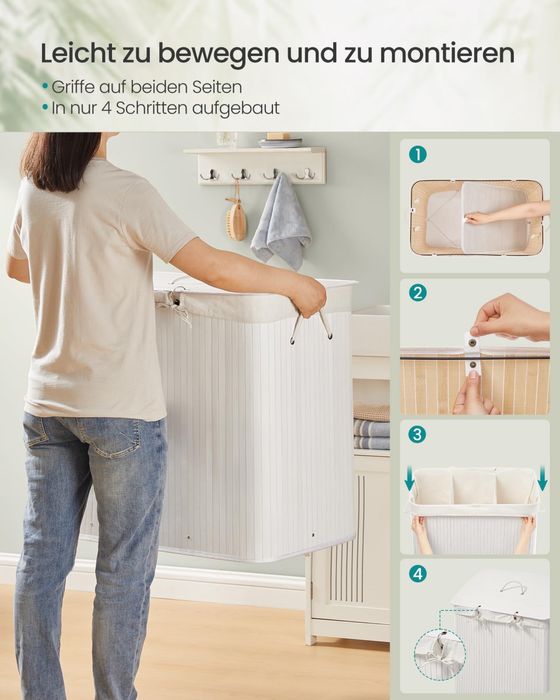 Кош за пране 170L, бамбук, сгъваем с капак и чанта за пране SONGMICS