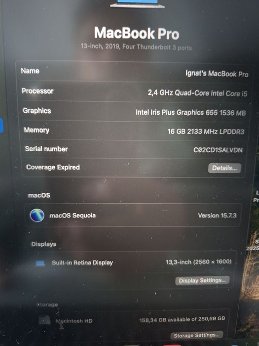 Mcbook pro 2019, i5 - 2,4 GHz, 16 Gb ram