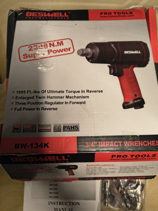 BESWELL® 3/4-инчов пневматичен ударен гайковерт с реална максимална мо