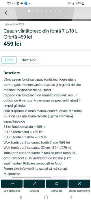 Ceaun fontă vânătoresc cu capac 7 L/ 10 L OFERTĂ  319 lei