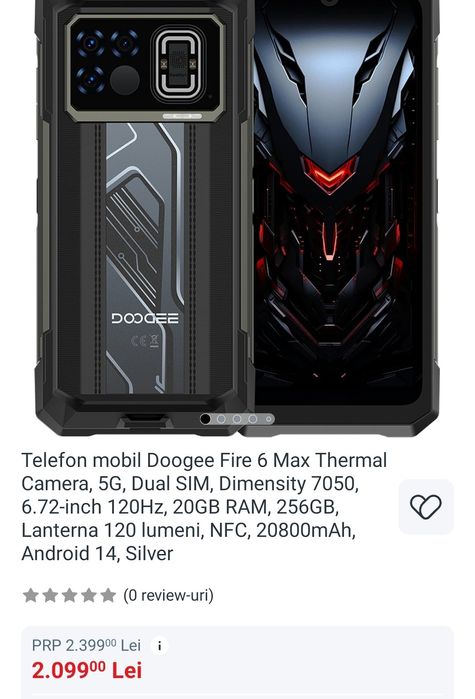 Telefon mobil Doogee Fire 6 Max Thermal Camera 5G, Dual SIM, Dimensity 7050, 6.72-inch 120Hz 20GB ram 256GB Lanterna 120 lumeni NFC 20800mAh