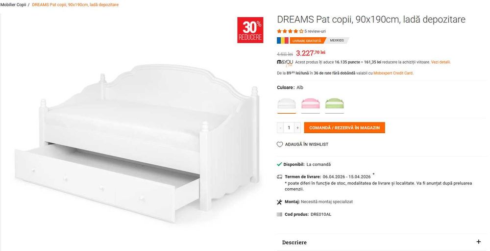 Pat fete alb Mobexpert 90x190 cm