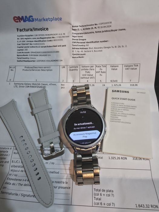 Samsung Galaxy Watch 6 LTE, 47mm Silver+Curea Metalica si Folie Protec