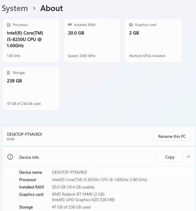 Лаптоп Lenovo V330-15IKB i5-8250U 20GB 256GB SSD NVME 15.6"FHD Windows 11 PRO