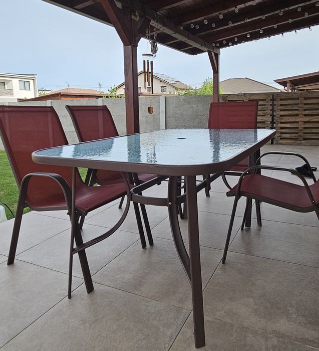 Set terasa / mobilier gradina cu masa fixa, dreptunghiulara, 6 scaune, pentru exterior, metal si textilen, rosu