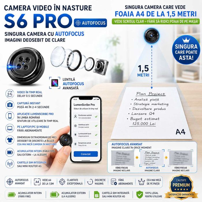 iCheat S6 Pro AutoFocus Nou 2026 - Mini Camera Video in Nasture - Casca de copiat