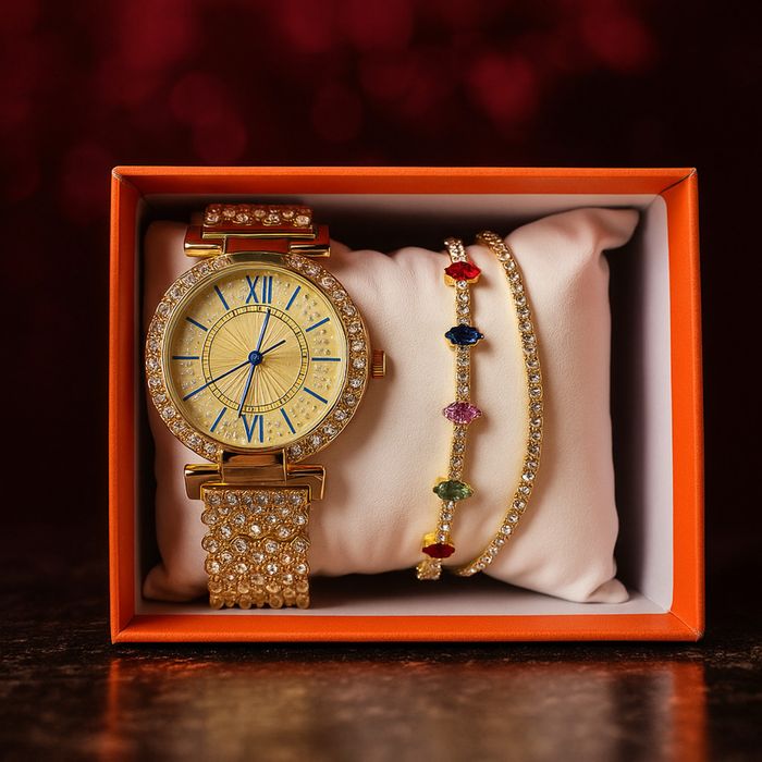 Елегантен женски часовни с две гривни в комплект 3в1