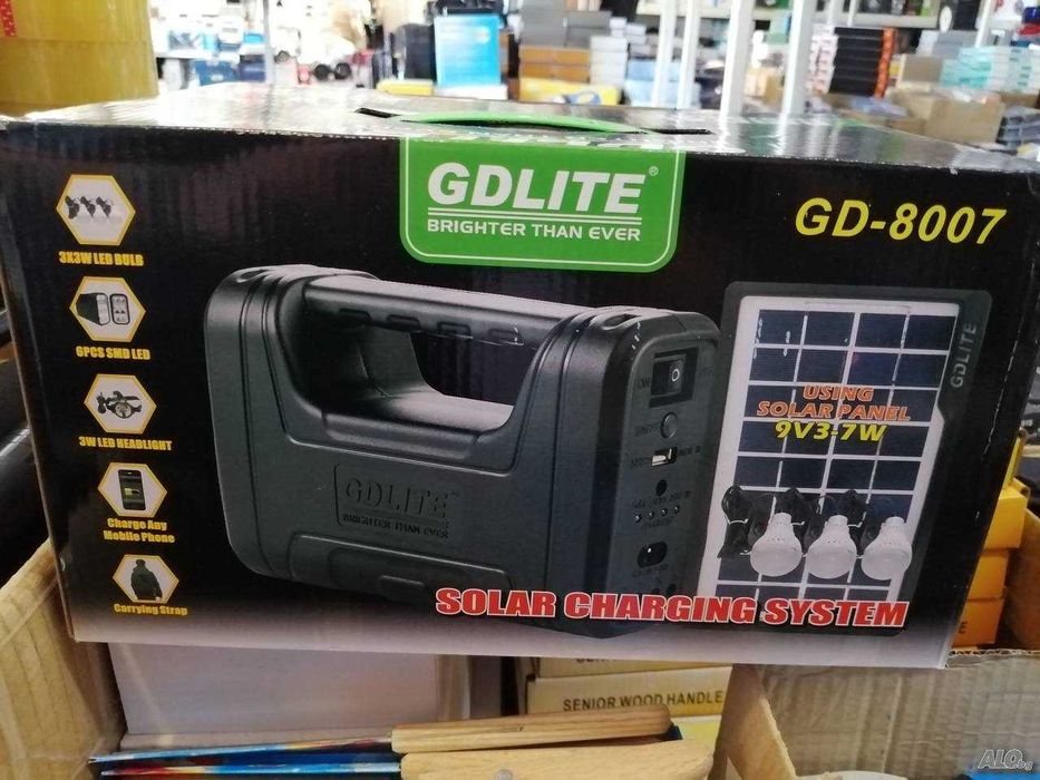 Соларна система 8в1 - лампи, челник,прожектор, USB зарядно и генератор