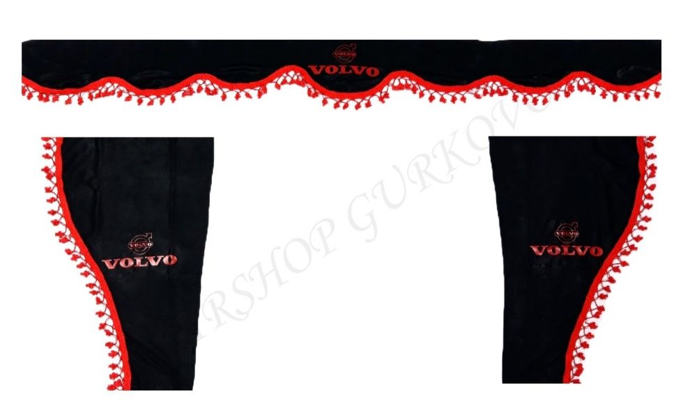 Черни пердета с червени пискюли и лого за камиони