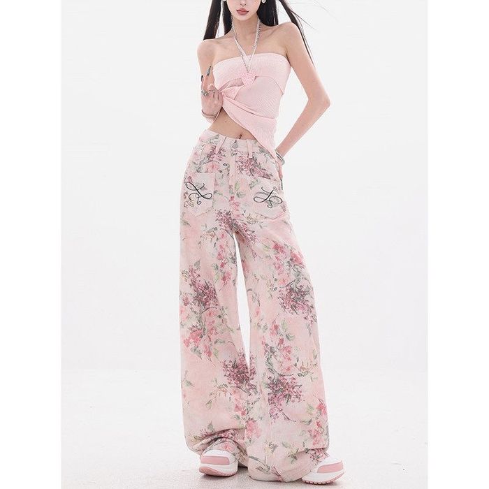 Модные женские джинсы с цветами осенне-весенние трендовые