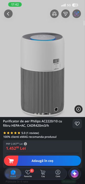 Purificator de aer Philips AC2220/10 cu filtru HEPA+AC, CADR420m3/h
