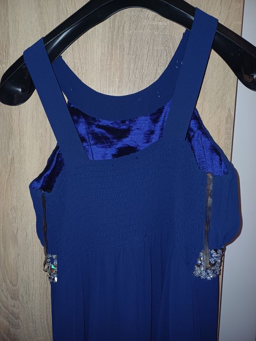 Официална синя рокля с камъни и пайети