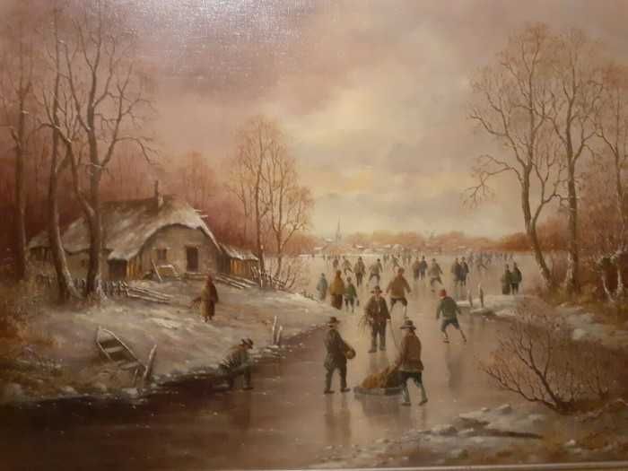 Superbă pictură in ulei pe panză-Peisaj de iarnă-personaje-Olanda