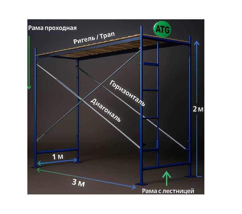 Фасадные леса  рама с лестницей,  диагональ, горизонталь, трап, ригеля