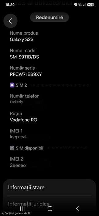 Telefon Samsung S 23, 8GB, 256 Gb, black