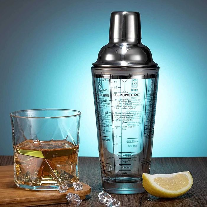 Cocktail Shaker din sticla 450ml cu capac din inox si retete imprimate