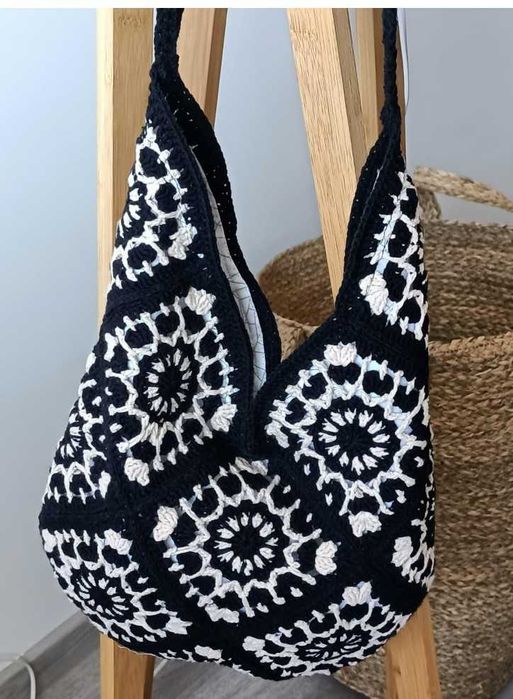 Geantă handmade alb-negru din bumbac | Unicat