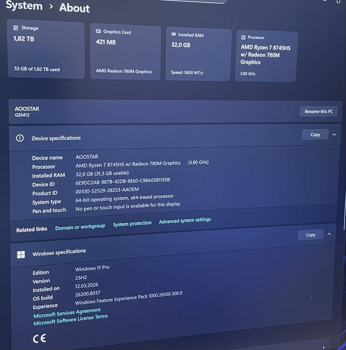 Mini PC Aoostar GEM12 Max 8745HS 32GB/2TB