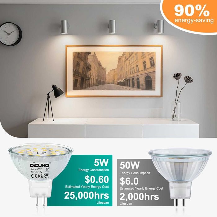LED крушки DiCUNO MR16 50W халогенен еквивалент 12V AC/DC недимируеми, GU5.3 двупинов цокъл 4000K естествено бяло 120° ъгъл на лъча 500LM, 10 броя