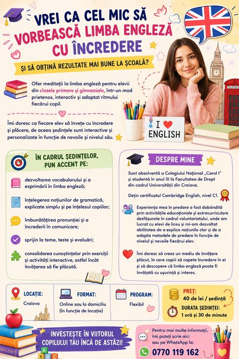 Ofer meditații la limba engleză pentru elevii din clasele primare și gimnaziale Craiova