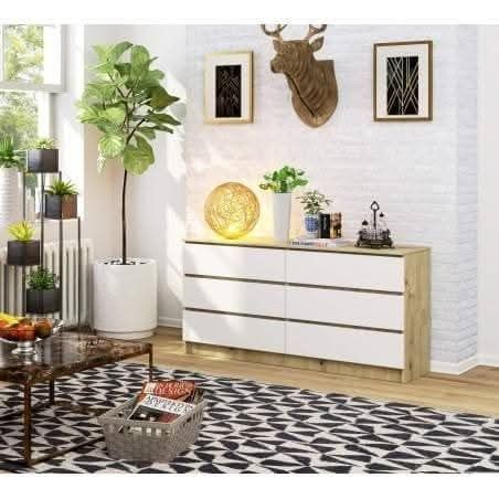 Comodă cu 6 sertare, 160cm, Alb Mat/Stejar