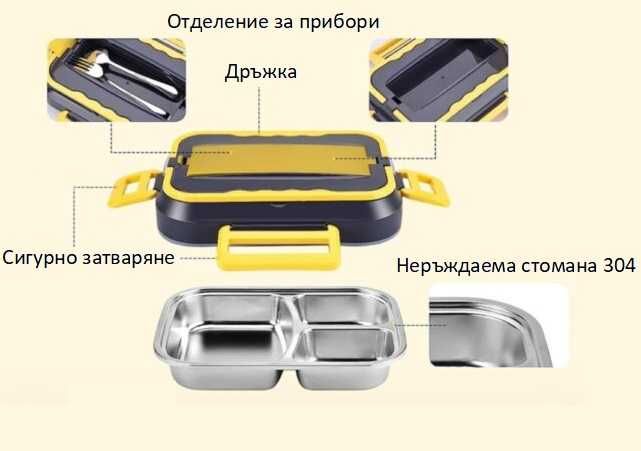 Кутия от инокс 1.5 литра за затопляне на храна и обяд с прибори 12v и 220v