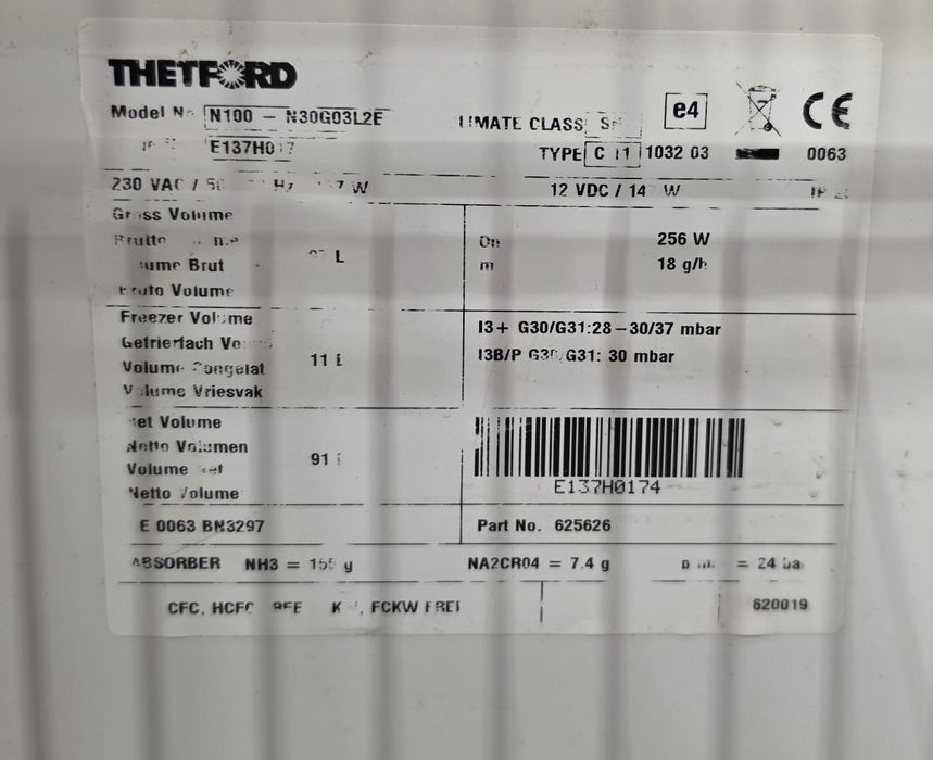 Frigider rulota GAZ CURENT 12/220V THETFORD N100 - N30G03L2E 256W