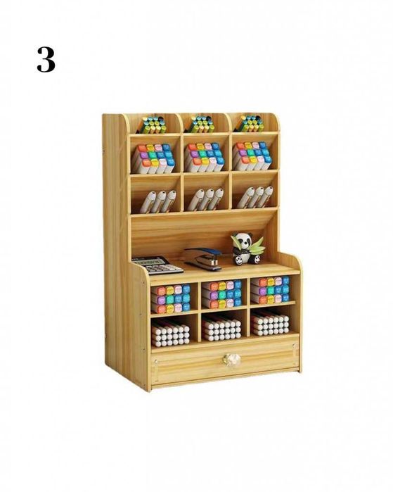 Дървен органайзер за бюро с чекмедже и многосекционно съхранение